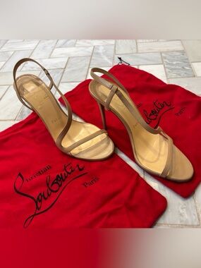 Christian Louboutin nude strappy heels with sole, protectors - worn 2 times